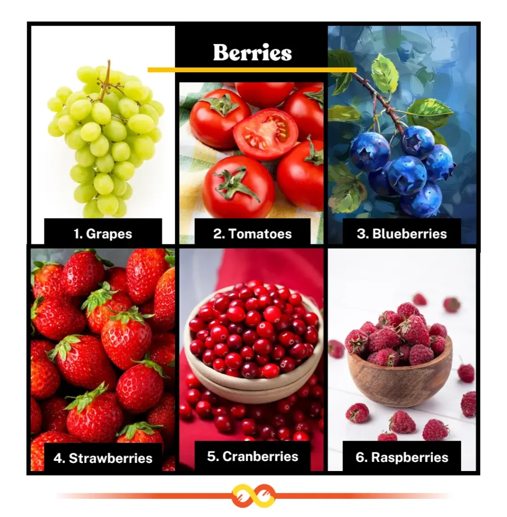 Berries (Juicy and Seed-Filled Delights), grapes, tomatoes, blueberries, strawberries, cranberries, and raspberries Berries (Juicy and Seed-Filled Delights), grapes, tomatoes, blueberries, strawberries, cranberries, and raspberries