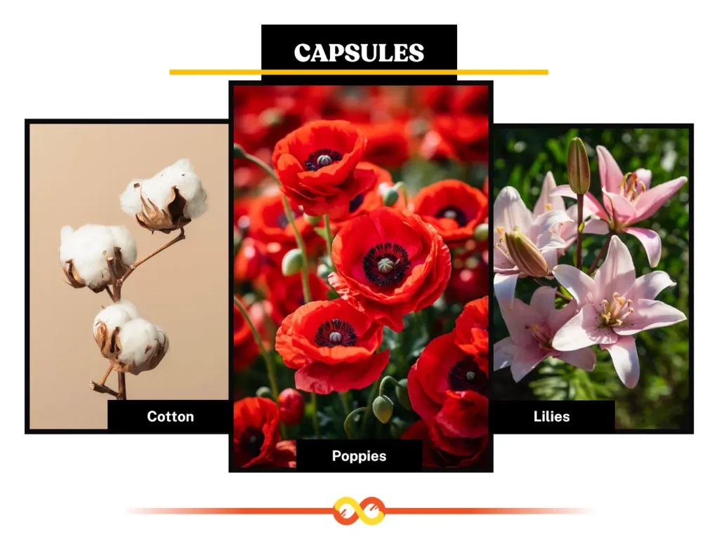 Capsules (Versatile and Dynamic Dispersers): Cotton, Poppies, Lilies, and the Touch-me-not. Capsules (Versatile and Dynamic Dispersers): Cotton, Poppies, Lilies, and the Touch-me-not.