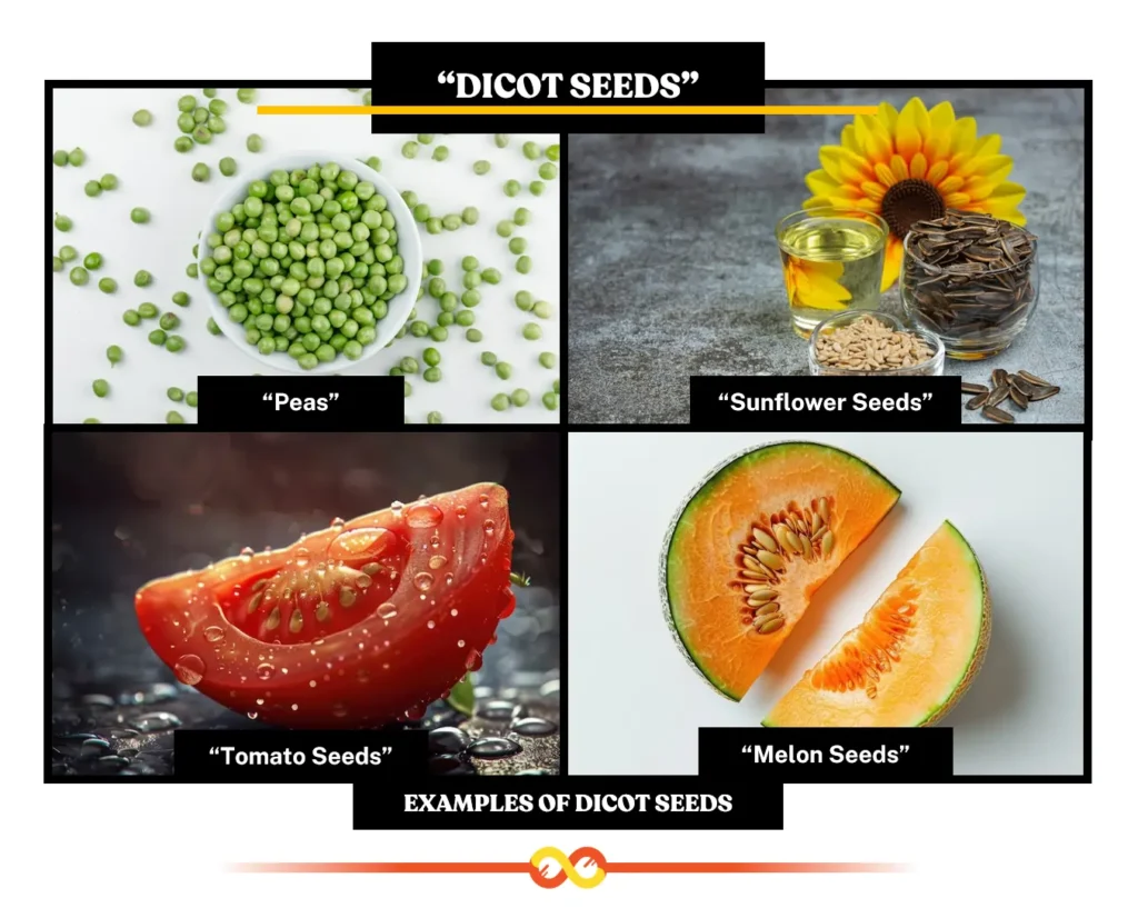Examples of Dicot Seeds (Peas, Sunflower Seeds, Tomato Seeds, Melon Seeds, etc.) Examples of Dicot Seeds (Peas, Sunflower Seeds, Tomato Seeds, Melon Seeds, etc.)