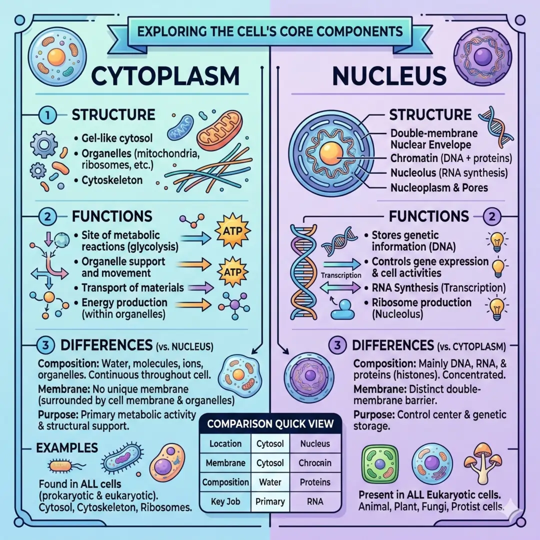 Cytoplasm and Nucleus: Structure, Functions, Differences, and Examples. Cytoplasm and Nucleus