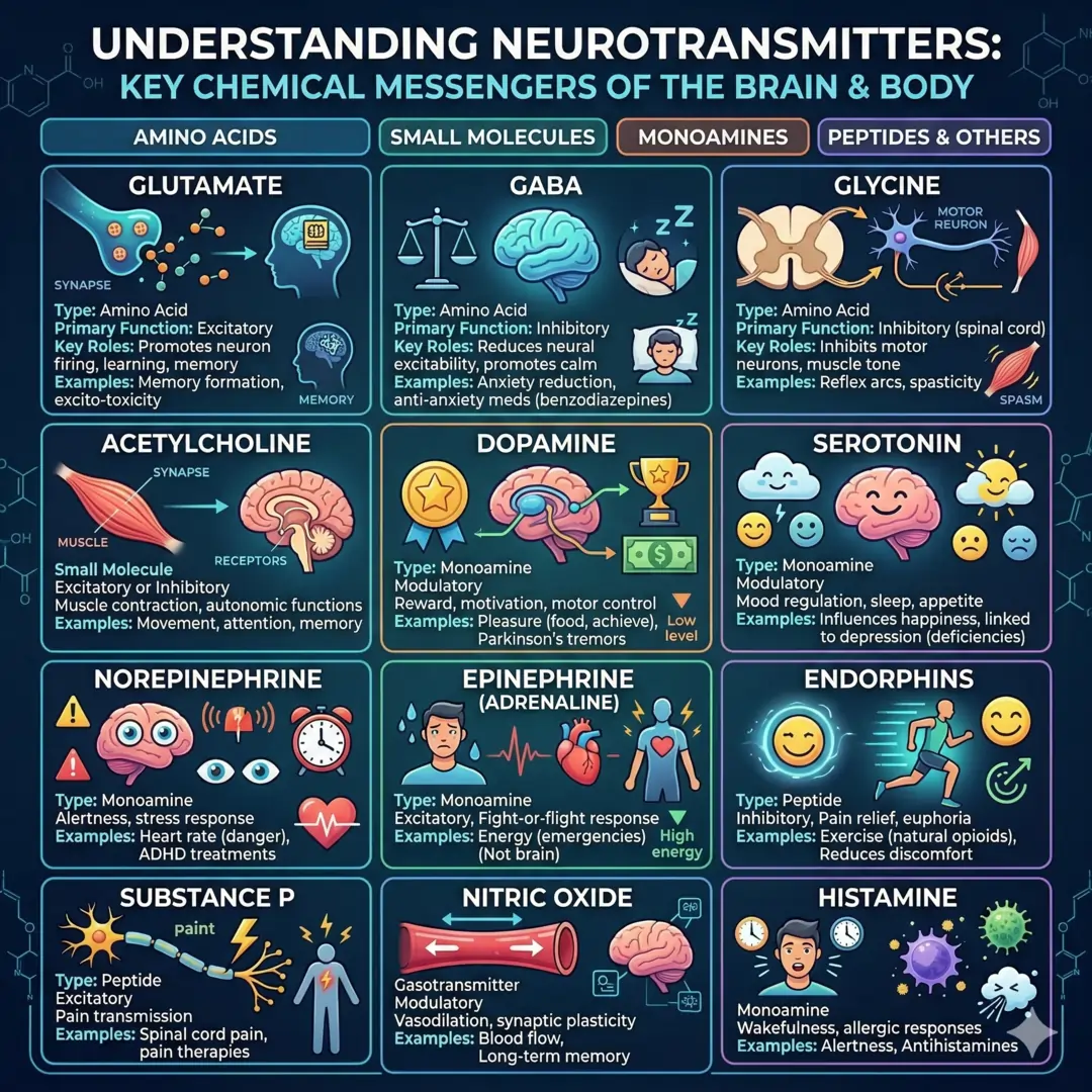 Outlining major neurotransmitters, their types, primary functions, and examples of roles in the body Outlining major neurotransmitters, their types, primary functions, and examples of roles in the body