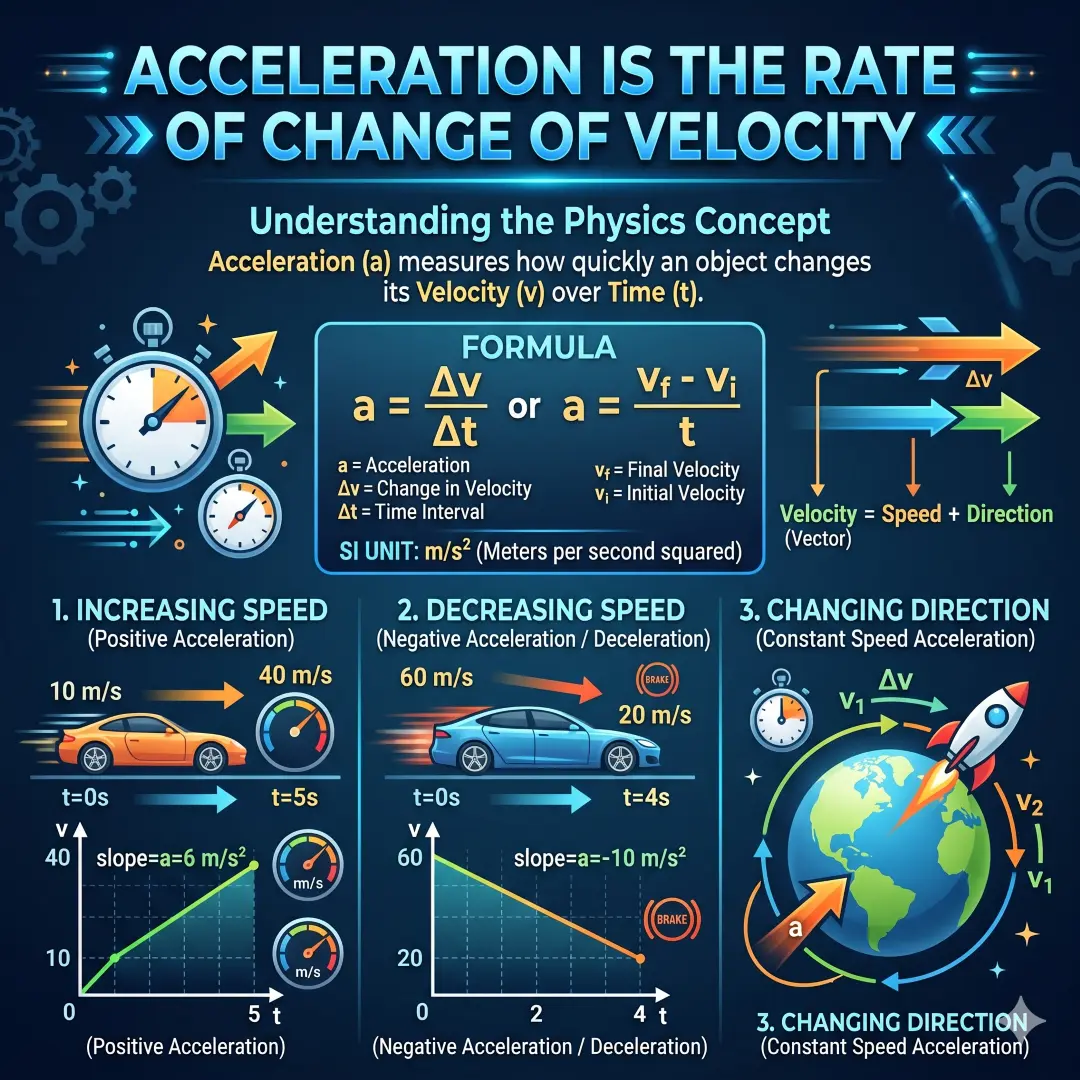Acceleration is the rate of change of velocity