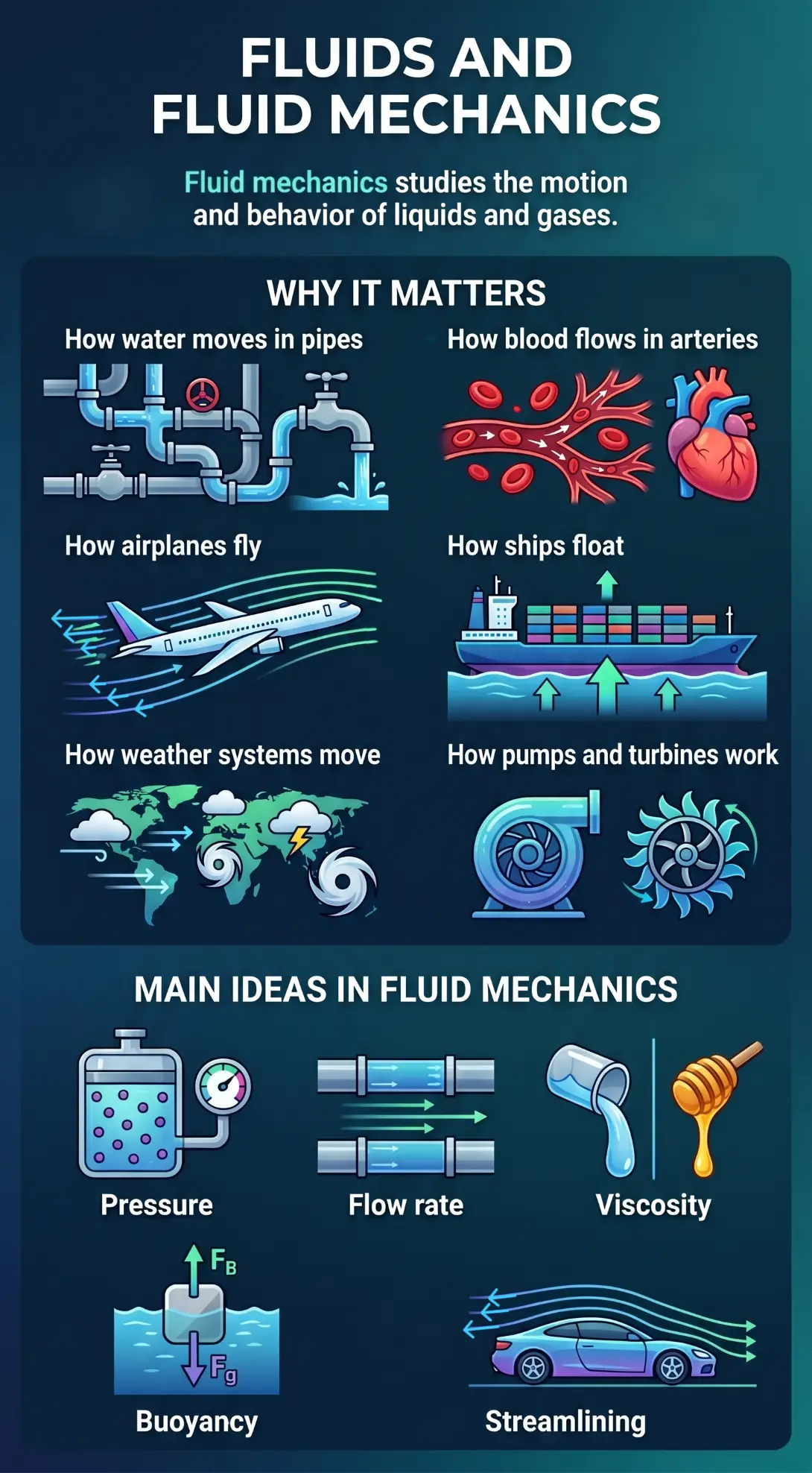 Fluid Mechanics Fluid mechanics studies the motion and behavior of liquids and gases