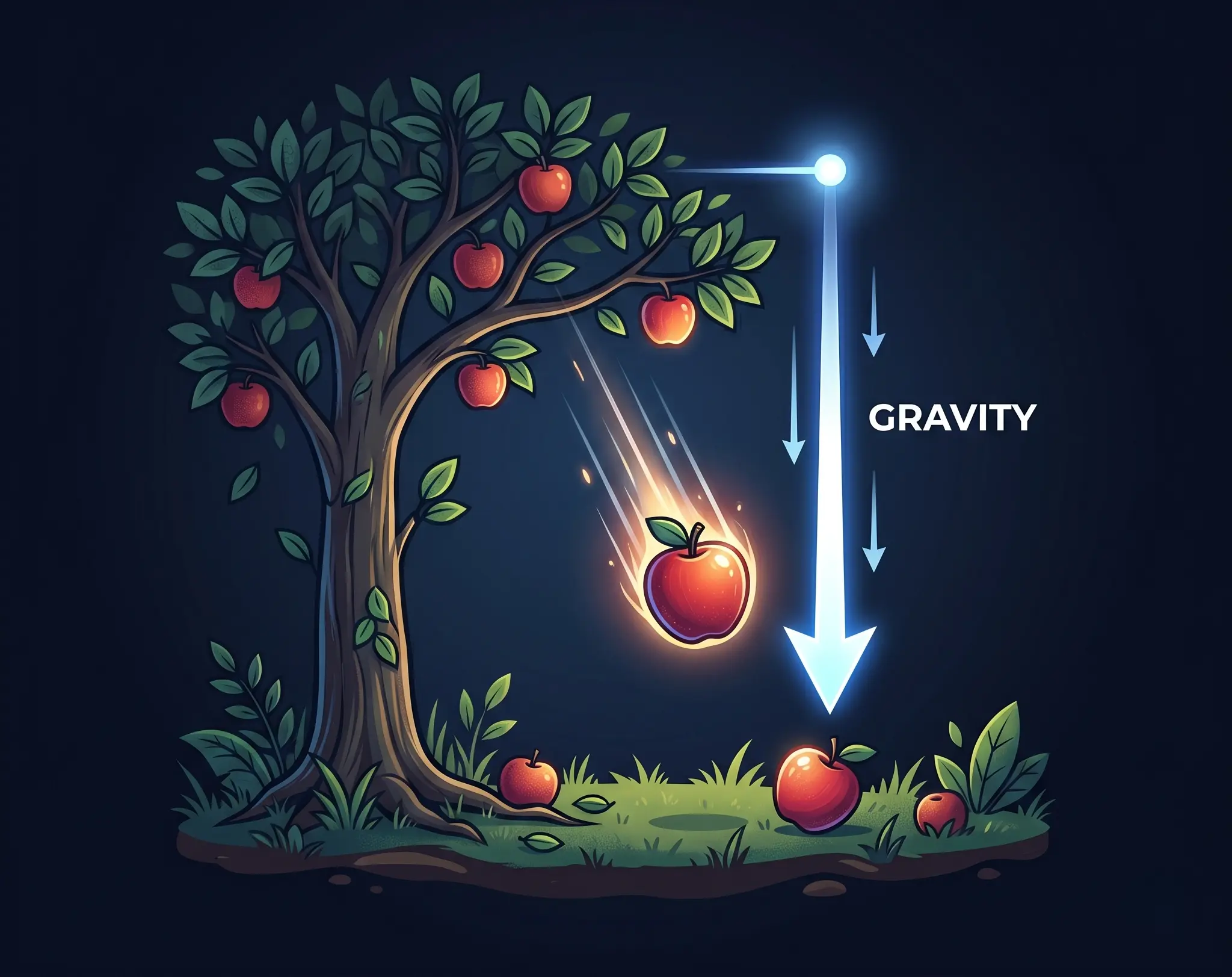When an apple falls, gravity is pulling it down When an apple falls, gravity is pulling it down