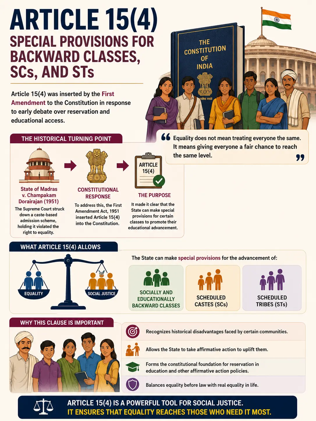 Article 15(4) Special provisions for backward classes, SCs, and STs. Article 15(4) Special provisions for backward classes, SCs, and STs