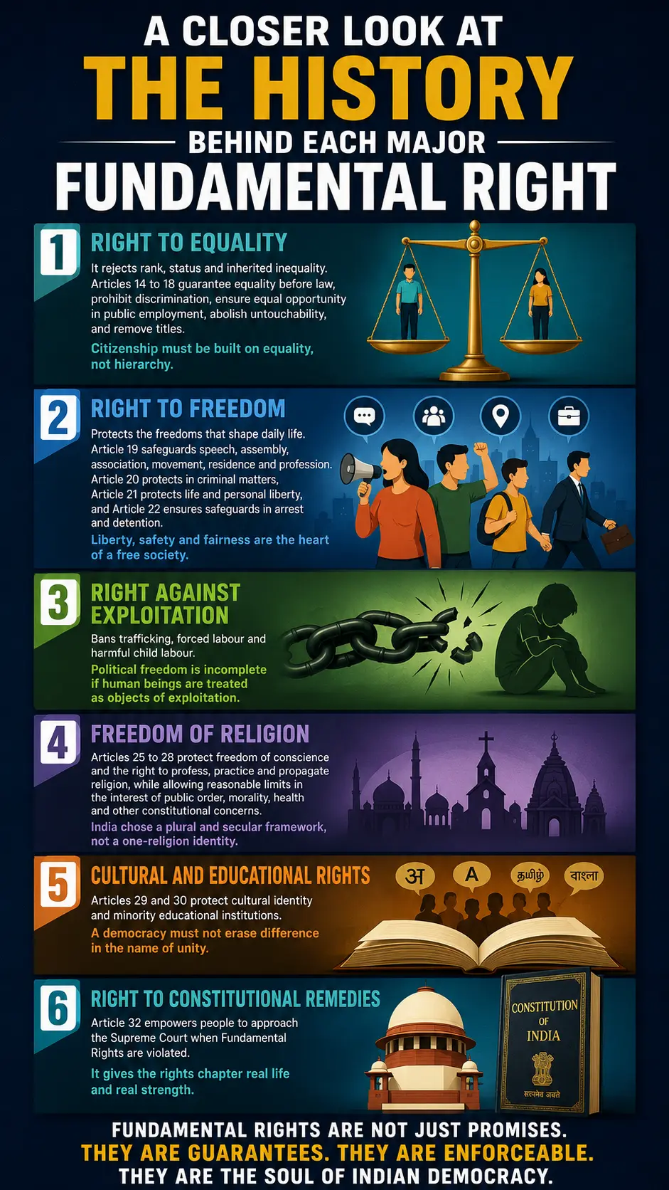 A closer look at the history behind each major right Right to Equality, Right to Freedom, Right against Exploitation, Freedom of Religion, Cultural and Educational Rights, and Right to Constitutional Remedies